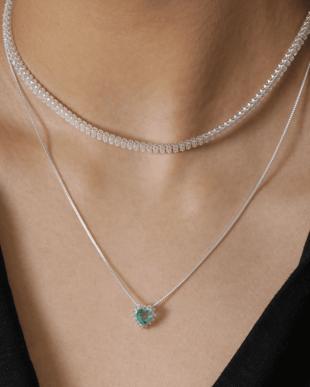 Colar riviera cristal + Colar em formato de coração verde tiffany